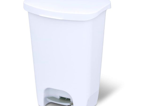 13 Gallon Trash Can with  Odor Protection | Plastic Kitchen Waste Bin | Hands Free with Step On Foot Pedal and Garbage Bag Rings, White