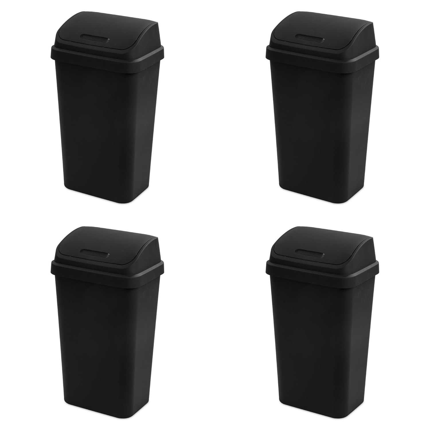 4-Pack Swing Top Wastebasket, Sleek Square Profile Trash Can, 13 Gallon, Black - Modern Garbage Bin for Kitchen, Bathroom, Garage and Workspace, Fits 13 Gal Liners