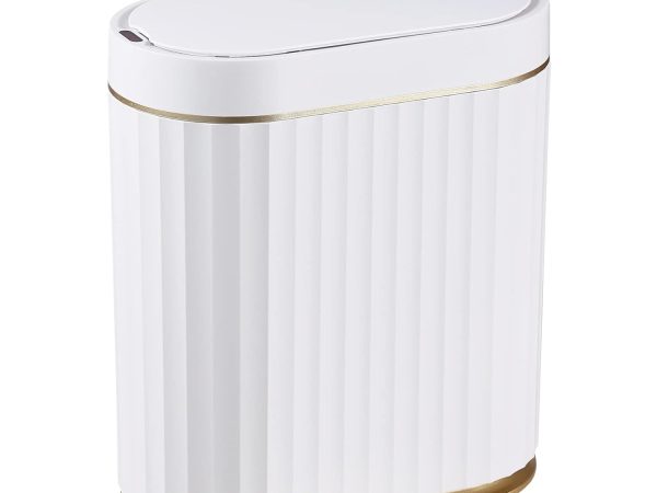 Bathroom Trash Can with Lid 2 Gallon Sensor Garbage Can, Automatic Trash Bin, Motion Sensor Trash Can, IPX5 Waterproof Plastic Wastebasket for Bathroom, Bedroom, Kitchen, Office, White Gold