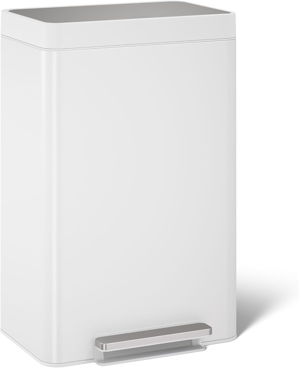 13-Gallon Stainless Steel Step Trash Can, White Stainless Steel, Hands-Free Pedal, Quiet-Close Lid, Fingerprint-Resistant, Durable, K-