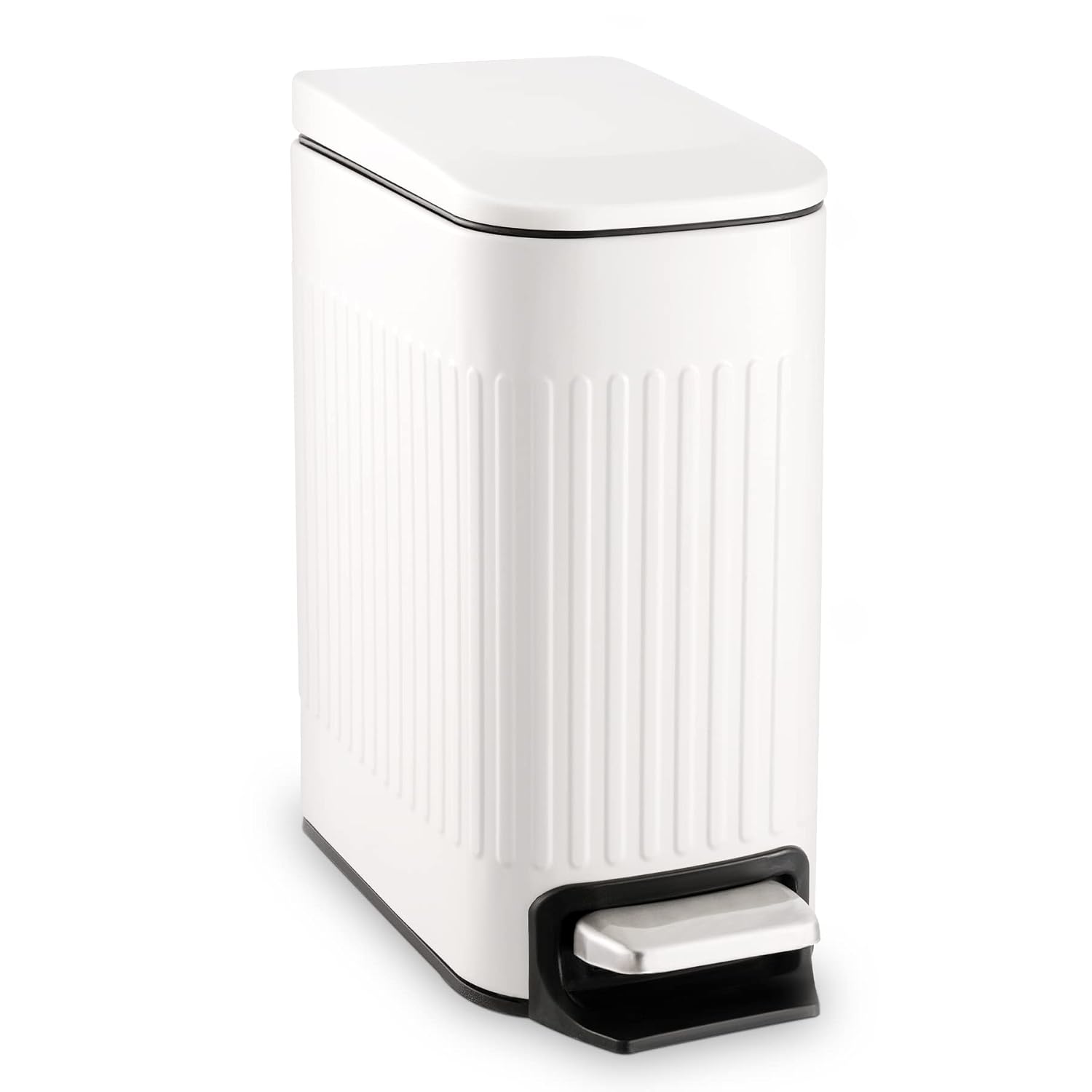Slim Bathroom Trash Can with Lid Soft Close, 6 Liter/1.6 Gallon Stainless Steel Small Garbage Can with Removable Inner Bucket, Step Pedal, Slim Wastebasket for Toilet, Office, Bedroom, White