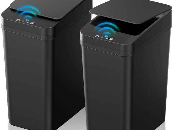 Bathroom Trash Can with Lid, 2 Pack 2.2 Gallon Automatic Touchless Garbage Can, Small Motion Sensor Smart Trash Can, Slim Waterproof Trash Bin for Bedroom, Bathroom, Office, Living Room (Black)