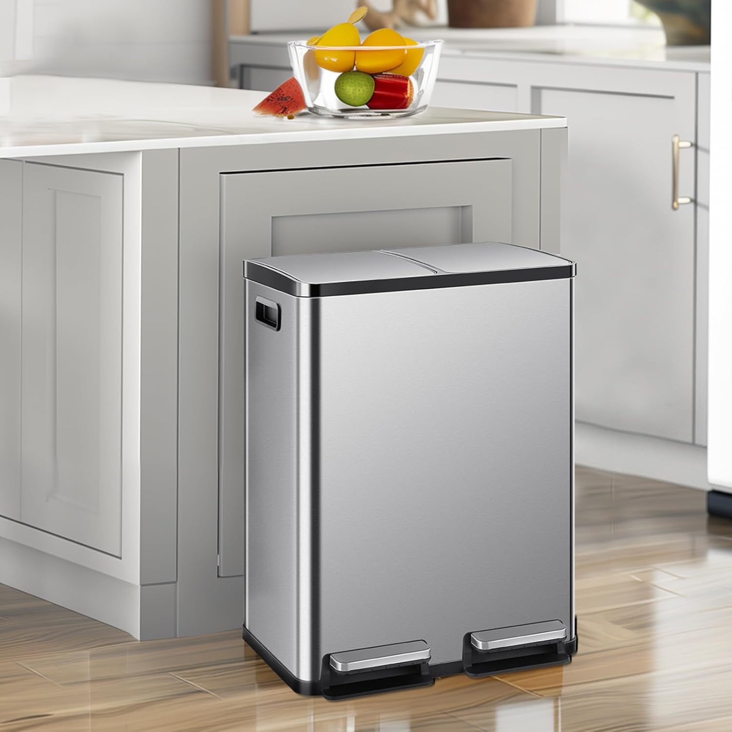 Kitchen Trash Can, 2x8-Gallon Dual Trash Can with Lid, Stainless Steel Garbage Bin with 2 Removable Inner Buckets, Soft-Close Foot Pedal, Fingerprint-Resistant for Kitchen, Home, Office - Image 2