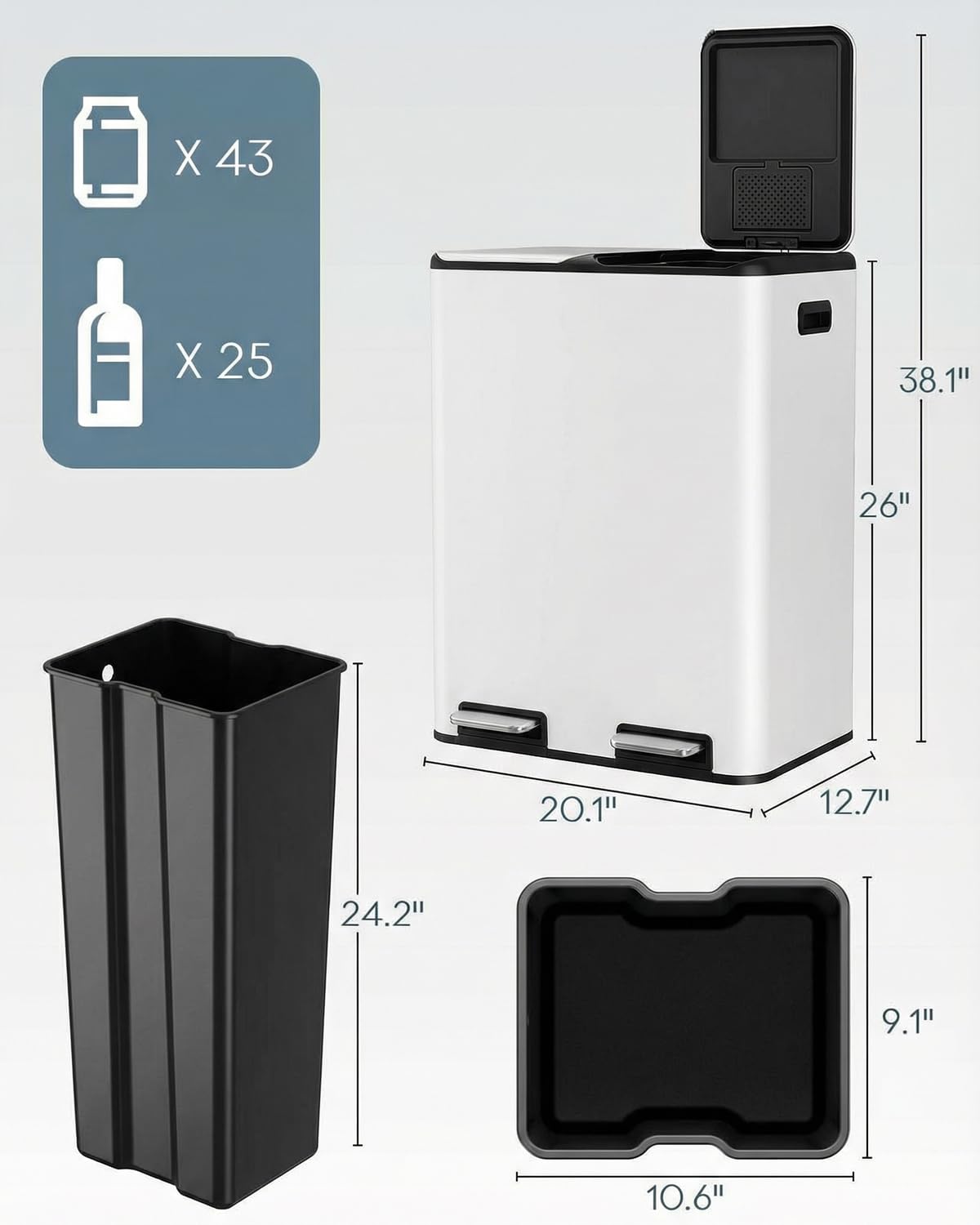 16 Gal (2 x 30 L) Dual Trash Can, Stainless Steel Kitchen Garbage Bin, Recycle Dustbin with Odor Control Box, Soft-Close Lid, Inner Buckets, Side Handle, Step Pedal, for Home Office - Image 2