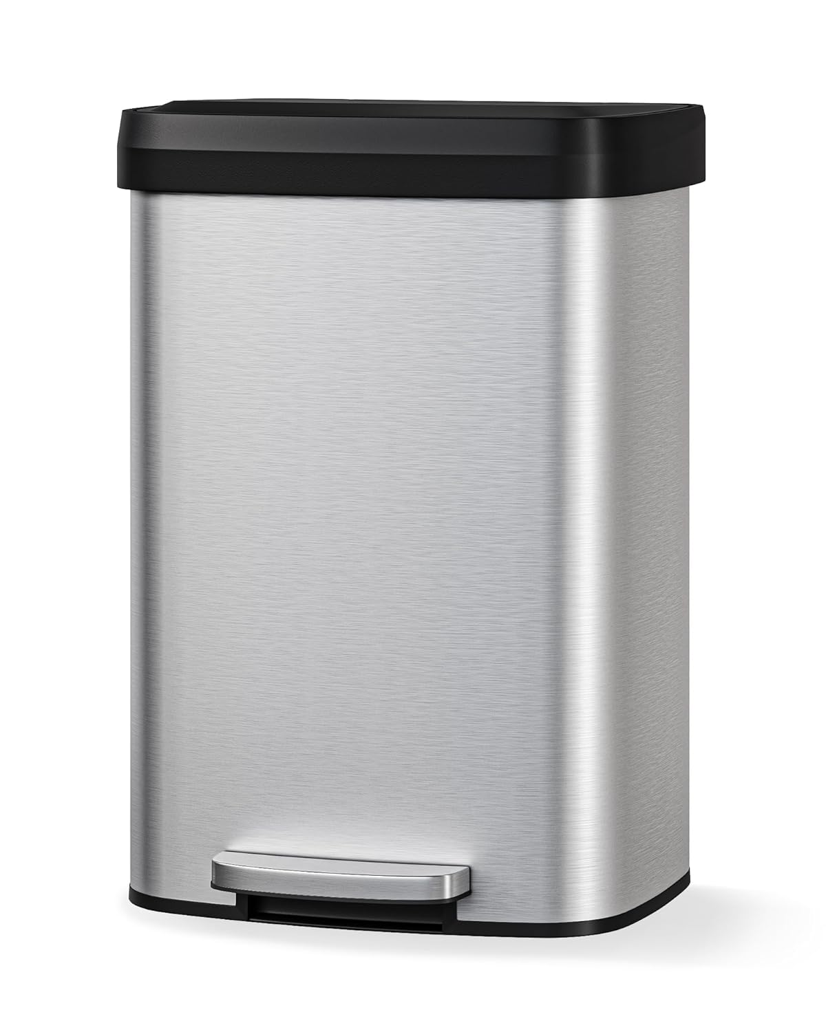 13 gal / 50 L Stainless Steel Trash Can with Lid, Large Garbage Can for Kitchen, Rustproof Step-on Kitchen Metal Trash Bin with Liner Rim, Rear Handle, Soft Close Plastic Lid, Silver