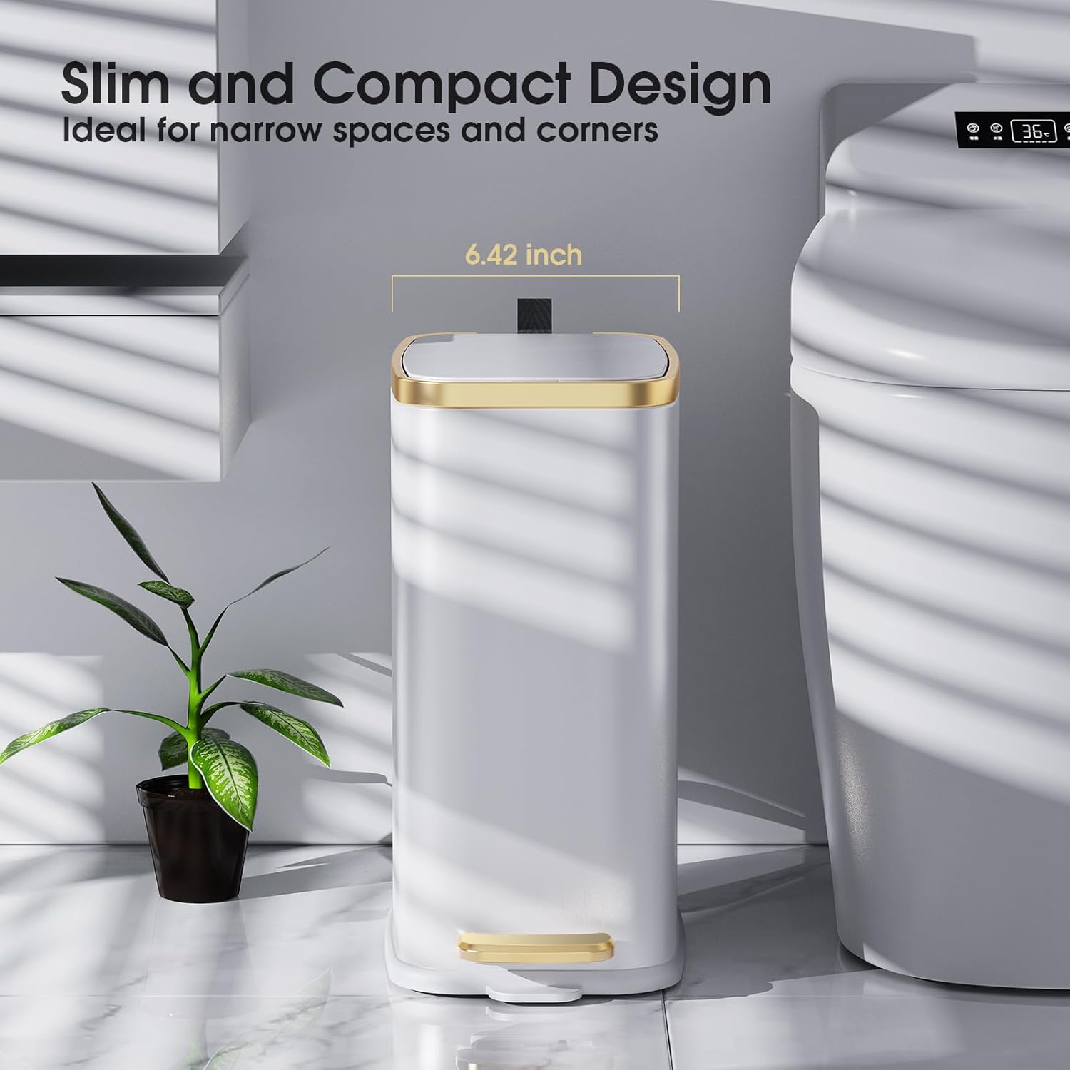 Small Bathroom Trash Can with Lid Soft Close-5L/1.3 Gal Stainless Steel Garbage Can-Step Pedal Wastebasket Slim Trash Bin for Office, Bedroom, Toilet, Live Room-White - Image 2