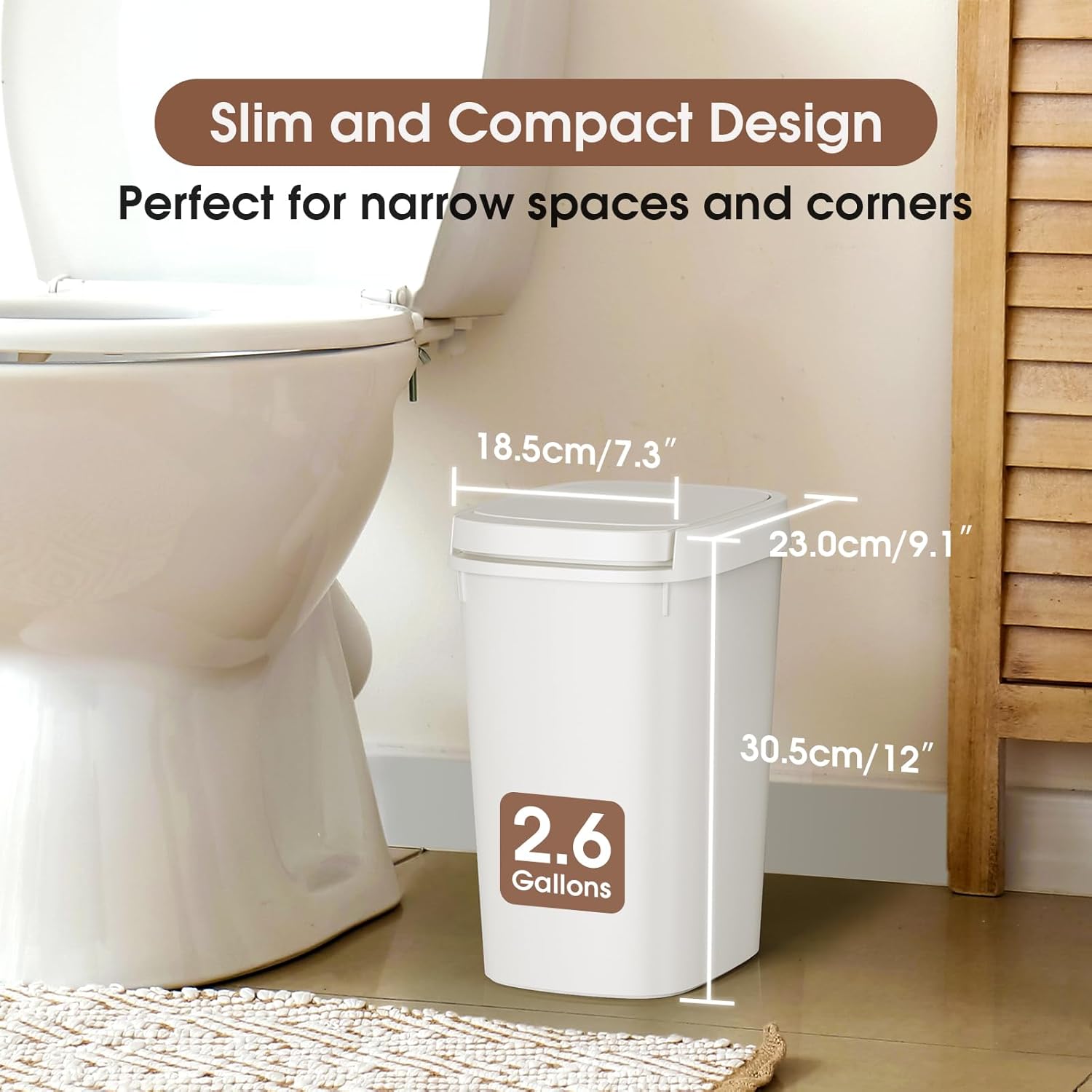 3 Pack Bathroom Trash Can with Lid, 10L/2.6 Gal Small Garbage Can with Press Top Lid, Slim Plastic Waste Basket for Toilet, Office, Bedroom - Image 2