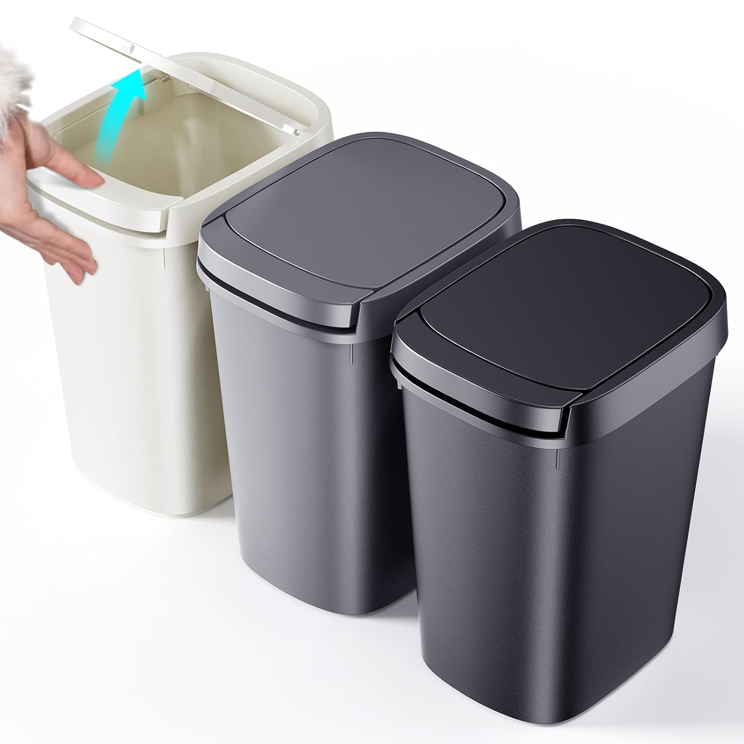 3 Pack Bathroom Trash Can with Lid, 10L/2.6 Gal Small Garbage Can with Press Top Lid, Slim Plastic Waste Basket for Toilet, Office, Bedroom